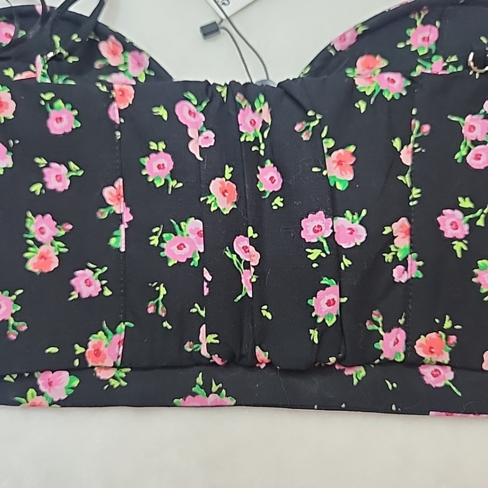 ZARA Floral Bustier Corset Crop Top Black Pink Size Small - Picture 5 of 9